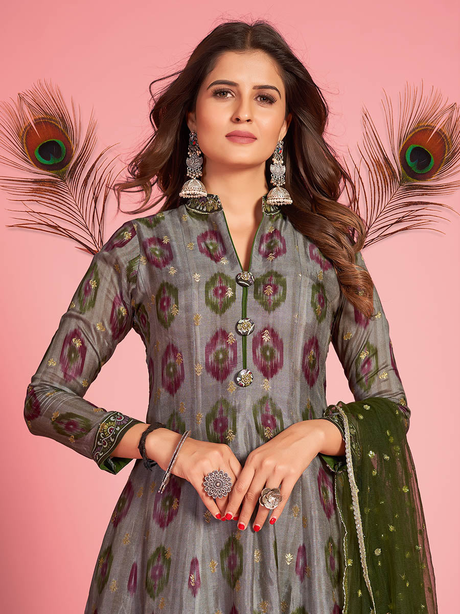 Myra Multicolour Pure Dola Silk Designer Gown Style Suit - Distacart