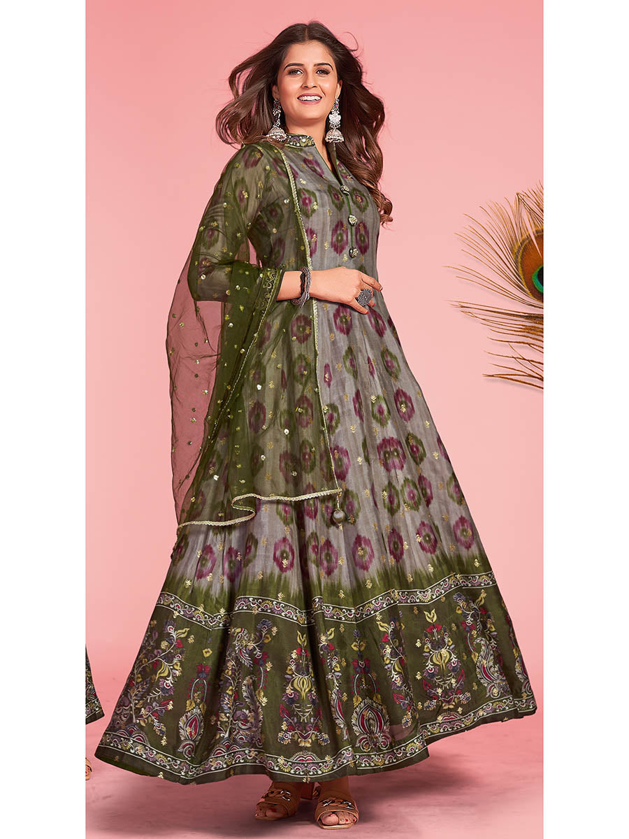 Myra Multicolour Pure Dola Silk Designer Gown Style Suit - Distacart