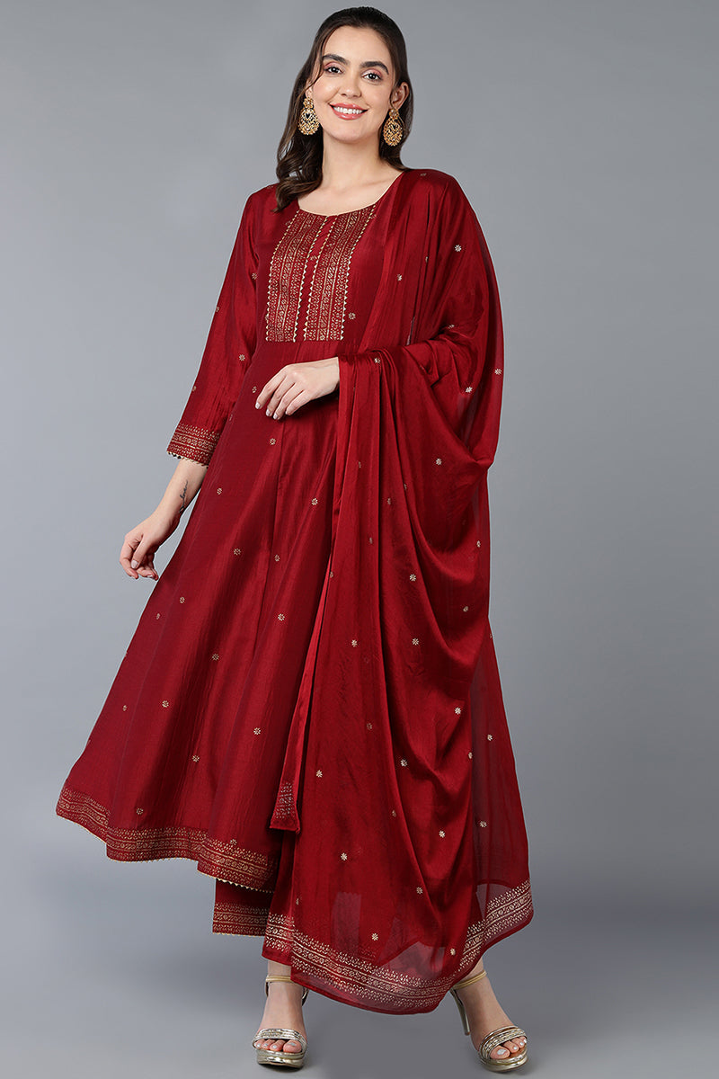 Women's Maroon Silk Blend Rogan Work Flared Suit Set - Rasiya - Distacart