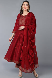 Thumbnail for Women's Maroon Silk Blend Rogan Work Flared Suit Set - Rasiya - Distacart
