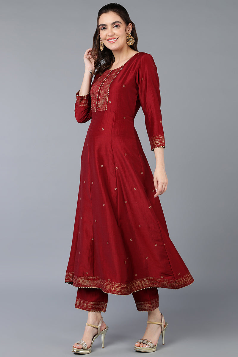 Women's Maroon Silk Blend Rogan Work Flared Suit Set - Rasiya - Distacart