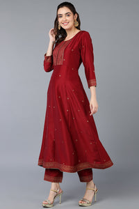 Thumbnail for Women's Maroon Silk Blend Rogan Work Flared Suit Set - Rasiya - Distacart