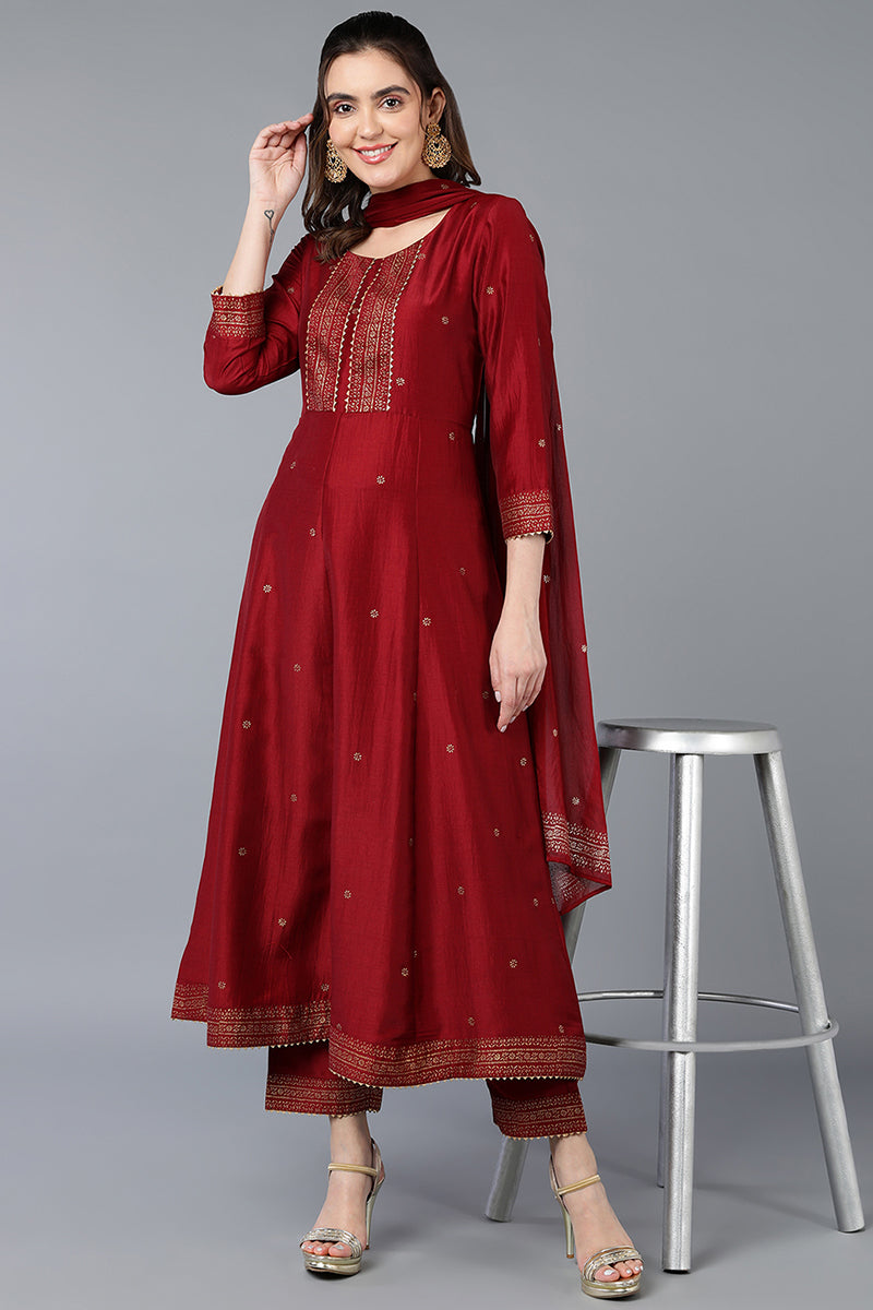 Women's Maroon Silk Blend Rogan Work Flared Suit Set - Rasiya - Distacart