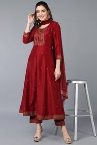 Thumbnail for Women's Maroon Silk Blend Rogan Work Flared Suit Set - Rasiya - Distacart