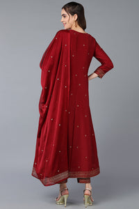 Thumbnail for Women's Maroon Silk Blend Rogan Work Flared Suit Set - Rasiya - Distacart