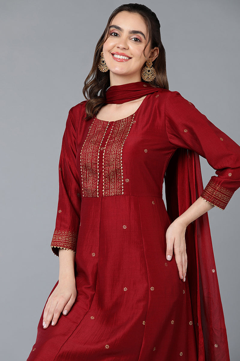 Women's Maroon Silk Blend Rogan Work Flared Suit Set - Rasiya - Distacart