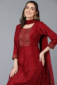 Thumbnail for Women's Maroon Silk Blend Rogan Work Flared Suit Set - Rasiya - Distacart