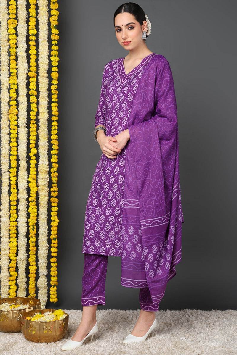 Women's Violet Rayon Blend Ethnic Motifs Printed Straight Suit Set - Rasiya - Distacart
