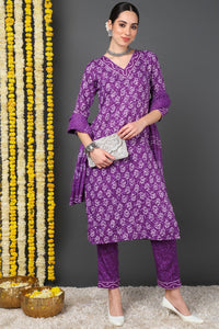 Thumbnail for Women's Violet Rayon Blend Ethnic Motifs Printed Straight Suit Set - Rasiya - Distacart