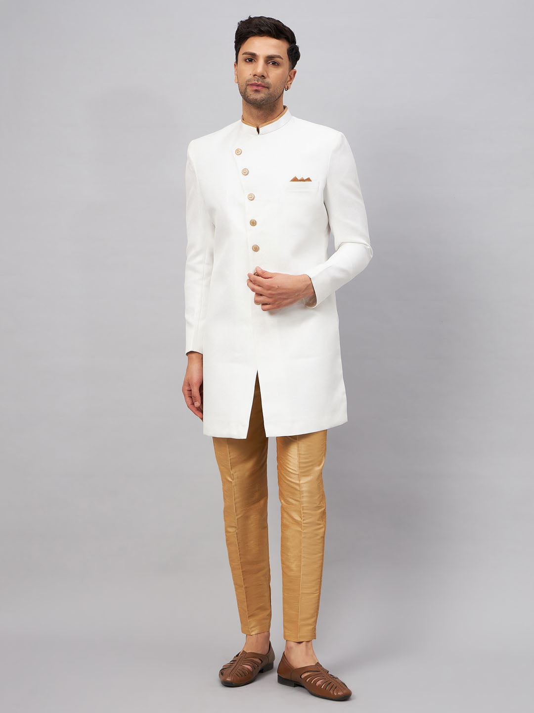 VM by Vastramay Men's White And Rose Gold Silk Blend Sherwani Set - Distacart