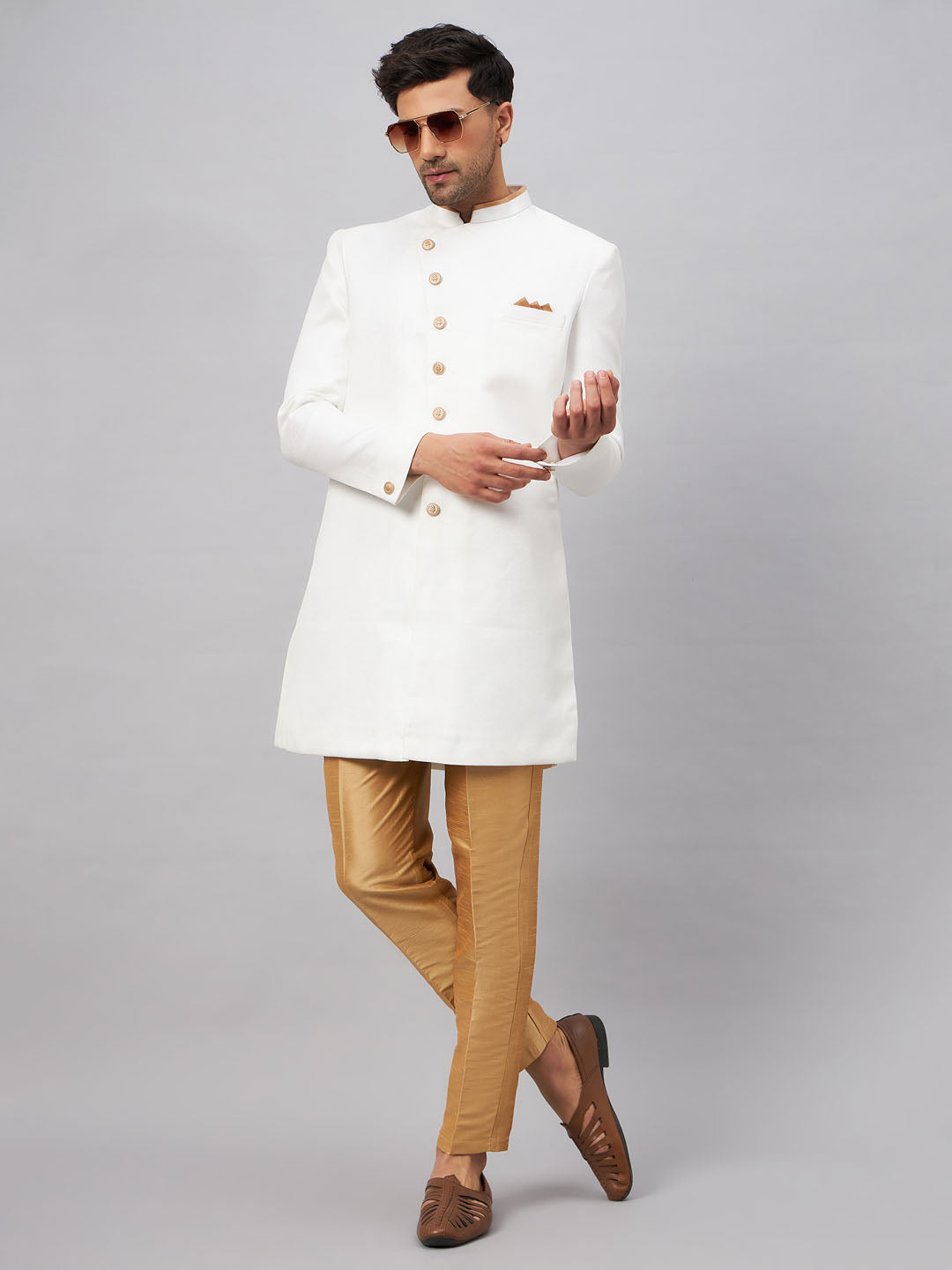 VM by Vastramay Men's White And Rose Gold Silk Blend Sherwani Set - Distacart