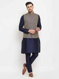 Thumbnail for VM by Vastramay Men's Navy Blue Silk Blend Jacket, Kurta And Pyjama Set - Distacart