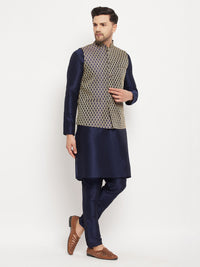 Thumbnail for VM by Vastramay Men's Navy Blue Silk Blend Jacket, Kurta And Pyjama Set - Distacart