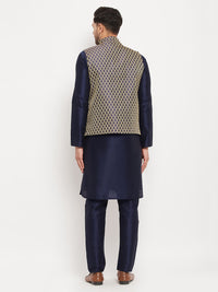 Thumbnail for VM by Vastramay Men's Navy Blue Silk Blend Jacket, Kurta And Pyjama Set - Distacart