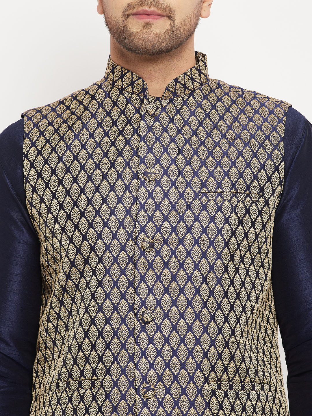 VM by Vastramay Men's Navy Blue Silk Blend Jacket, Kurta And Pyjama Set - Distacart