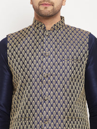 Thumbnail for VM by Vastramay Men's Navy Blue Silk Blend Jacket, Kurta And Pyjama Set - Distacart