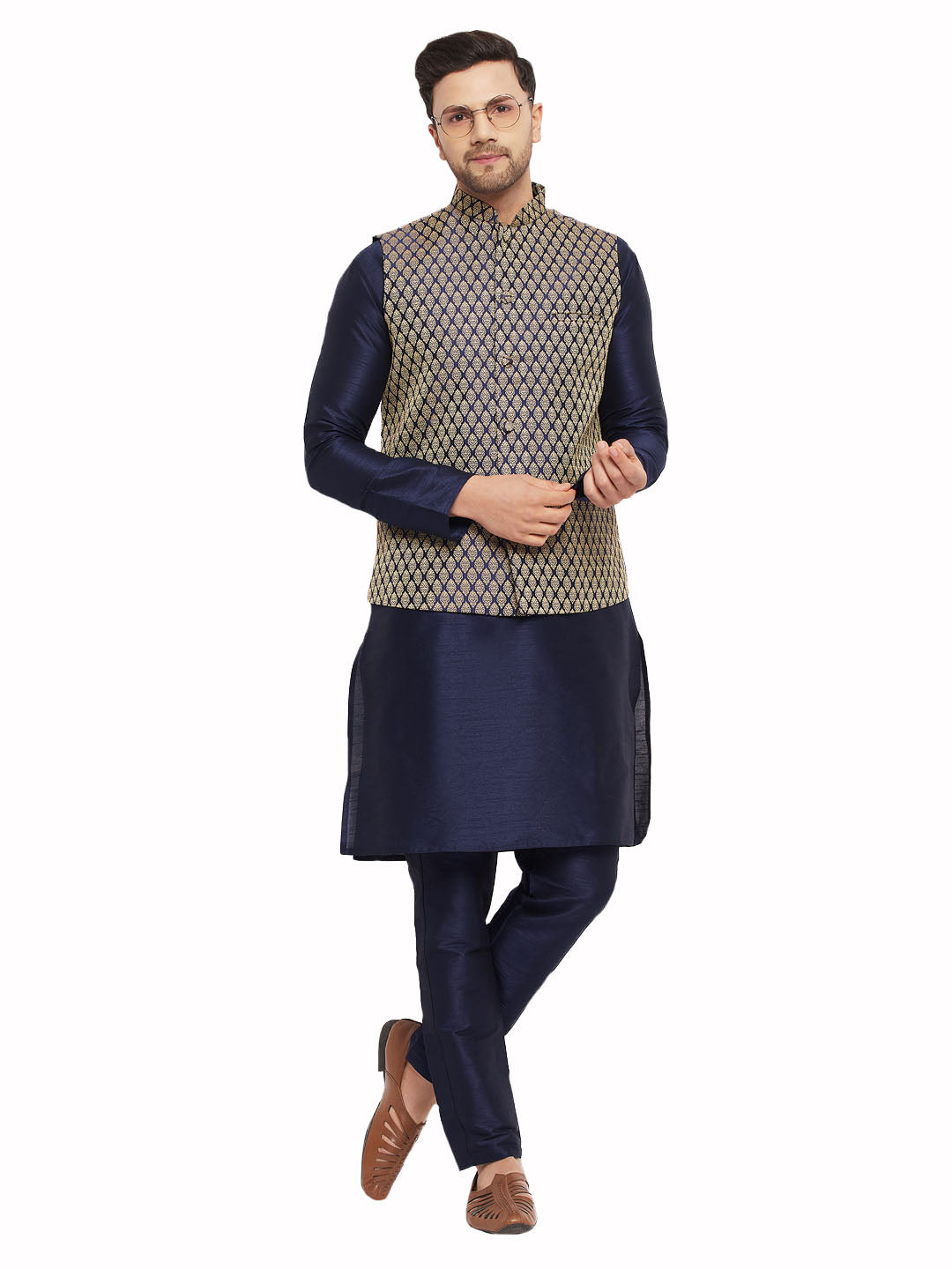 VM by Vastramay Men's Navy Blue Silk Blend Jacket, Kurta And Pyjama Set - Distacart