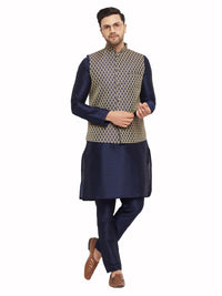 Thumbnail for VM by Vastramay Men's Navy Blue Silk Blend Jacket, Kurta And Pyjama Set - Distacart
