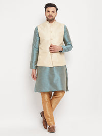 Thumbnail for VM by Vastramay Men's Aqua, Cream And Rose Gold Silk Blend Jacket, Kurta And Pyjama Set - Distacart