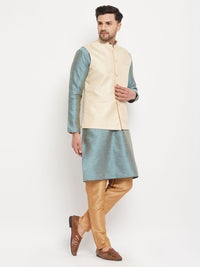 Thumbnail for VM by Vastramay Men's Aqua, Cream And Rose Gold Silk Blend Jacket, Kurta And Pyjama Set - Distacart
