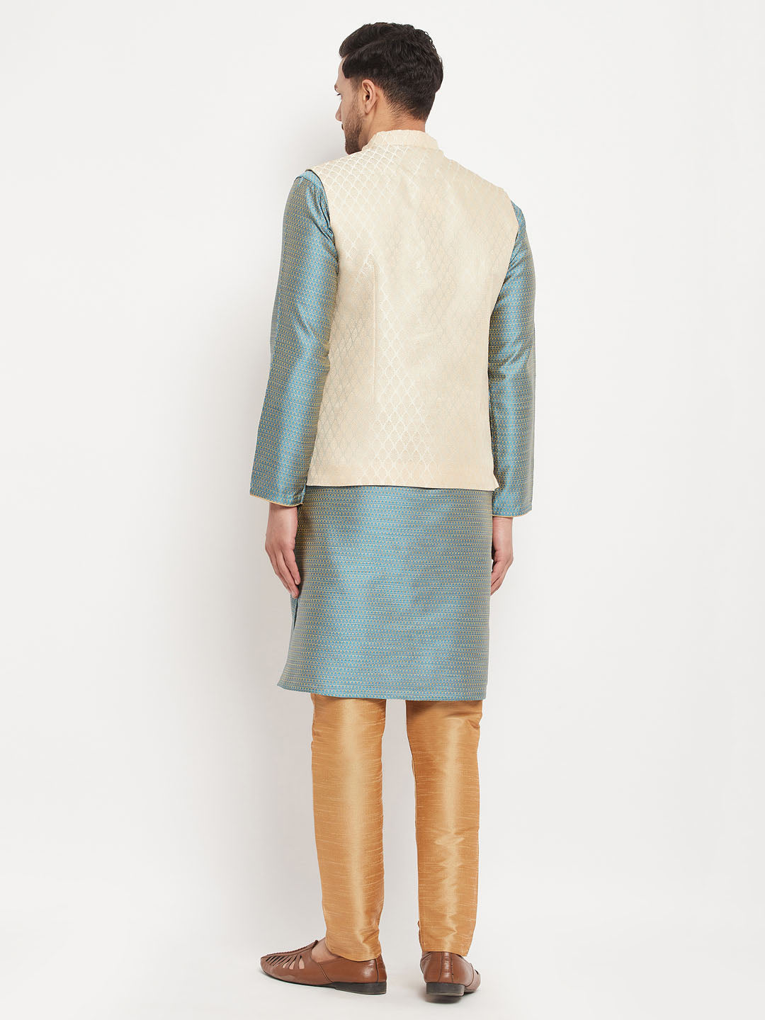 VM by Vastramay Men's Aqua, Cream And Rose Gold Silk Blend Jacket, Kurta And Pyjama Set - Distacart