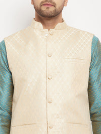 Thumbnail for VM by Vastramay Men's Aqua, Cream And Rose Gold Silk Blend Jacket, Kurta And Pyjama Set - Distacart
