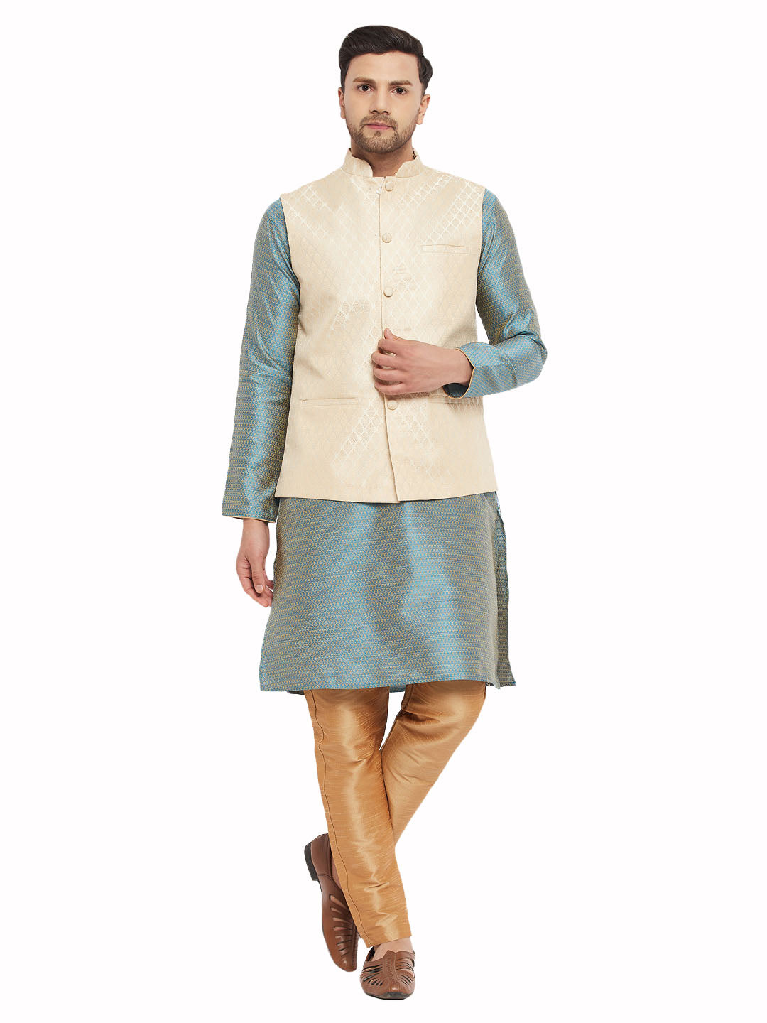 VM by Vastramay Men's Aqua, Cream And Rose Gold Silk Blend Jacket, Kurta And Pyjama Set - Distacart