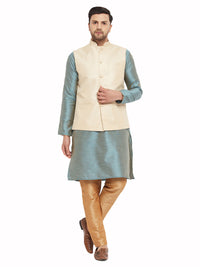 Thumbnail for VM by Vastramay Men's Aqua, Cream And Rose Gold Silk Blend Jacket, Kurta And Pyjama Set - Distacart