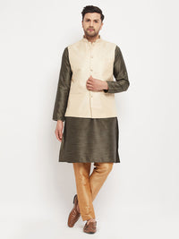 Thumbnail for VM by Vastramay Men's Black,Cream And Rose Gold Silk Blend Jacket, Kurta And Pyjama Set - Distacart