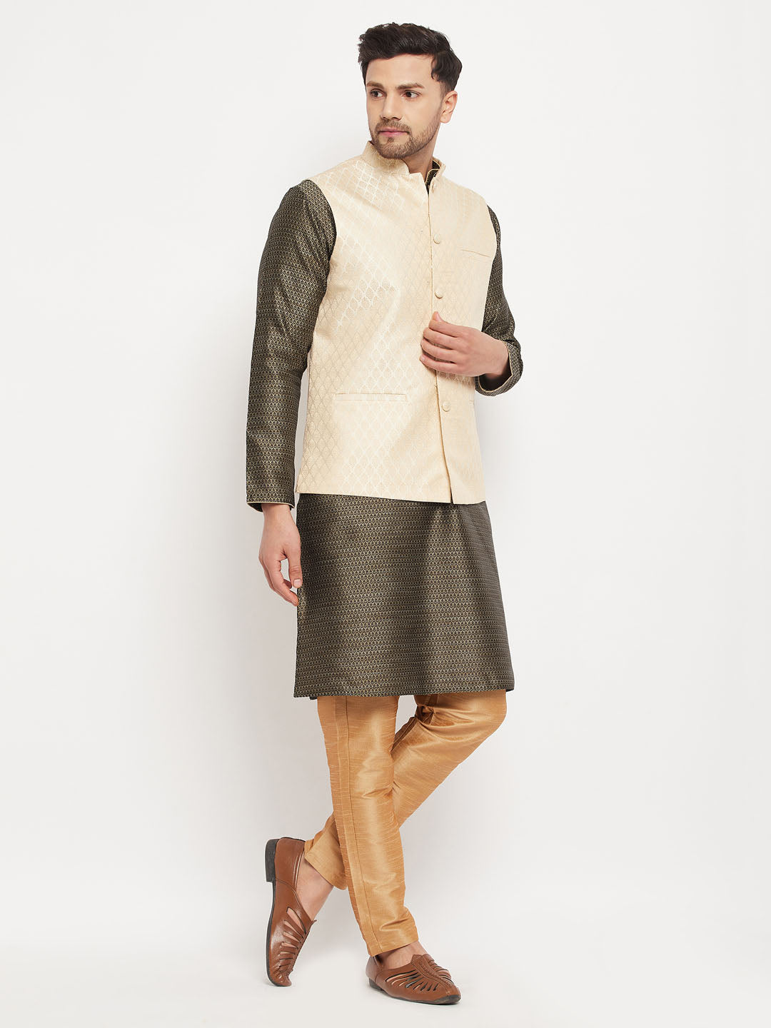 VM by Vastramay Men's Black,Cream And Rose Gold Silk Blend Jacket, Kurta And Pyjama Set - Distacart