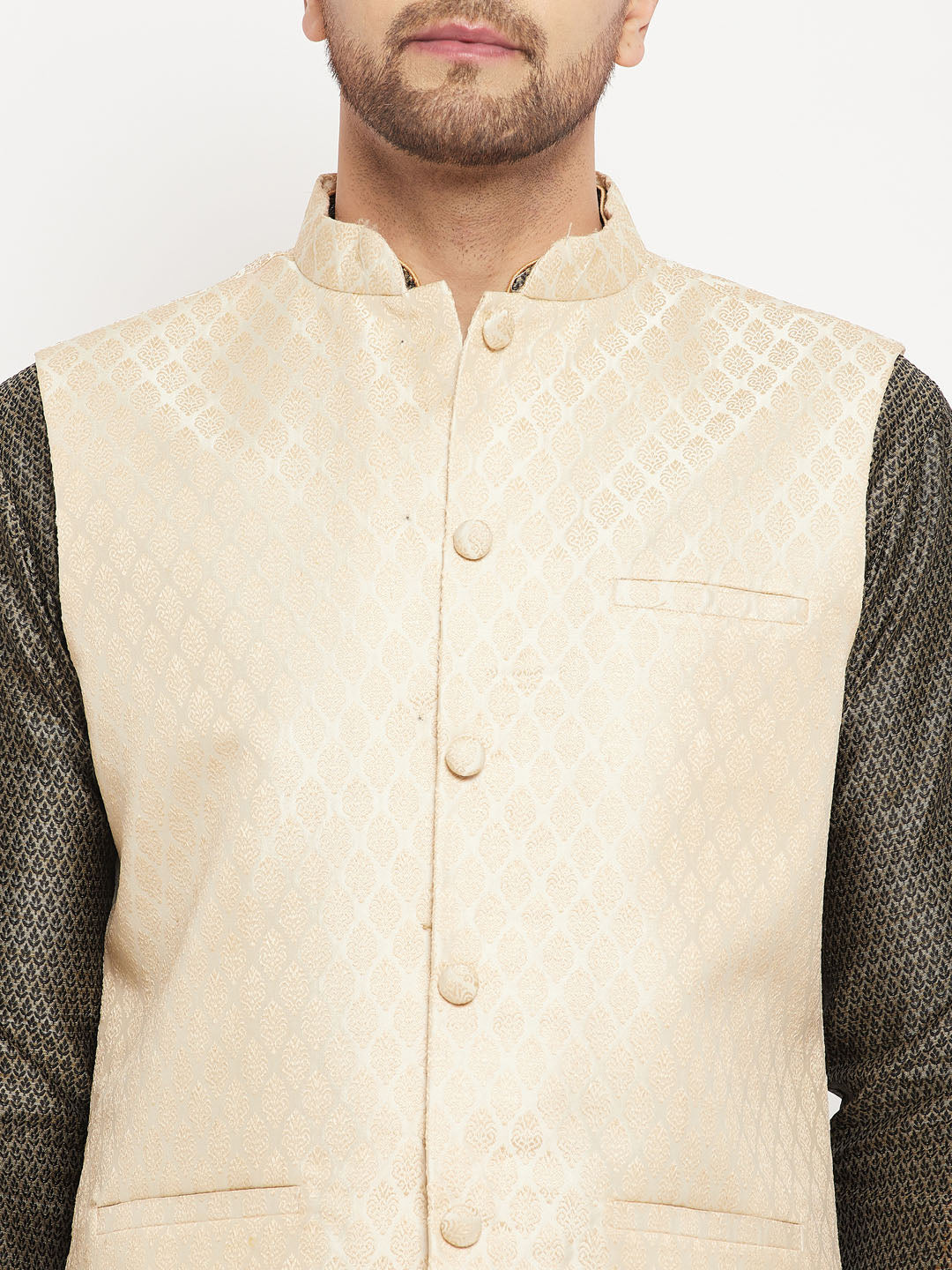 VM by Vastramay Men's Black,Cream And Rose Gold Silk Blend Jacket, Kurta And Pyjama Set - Distacart