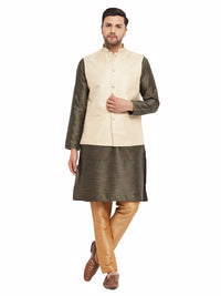 Thumbnail for VM by Vastramay Men's Black,Cream And Rose Gold Silk Blend Jacket, Kurta And Pyjama Set - Distacart