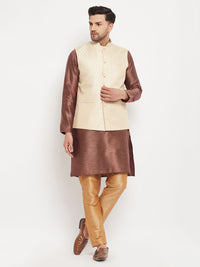 Thumbnail for VM by Vastramay Men's Cream, Maroon Amd Rose Gold Silk Blend Jacket, Kurta And Pyjama Set - Distacart