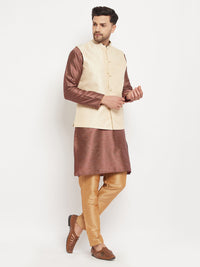 Thumbnail for VM by Vastramay Men's Cream, Maroon Amd Rose Gold Silk Blend Jacket, Kurta And Pyjama Set - Distacart