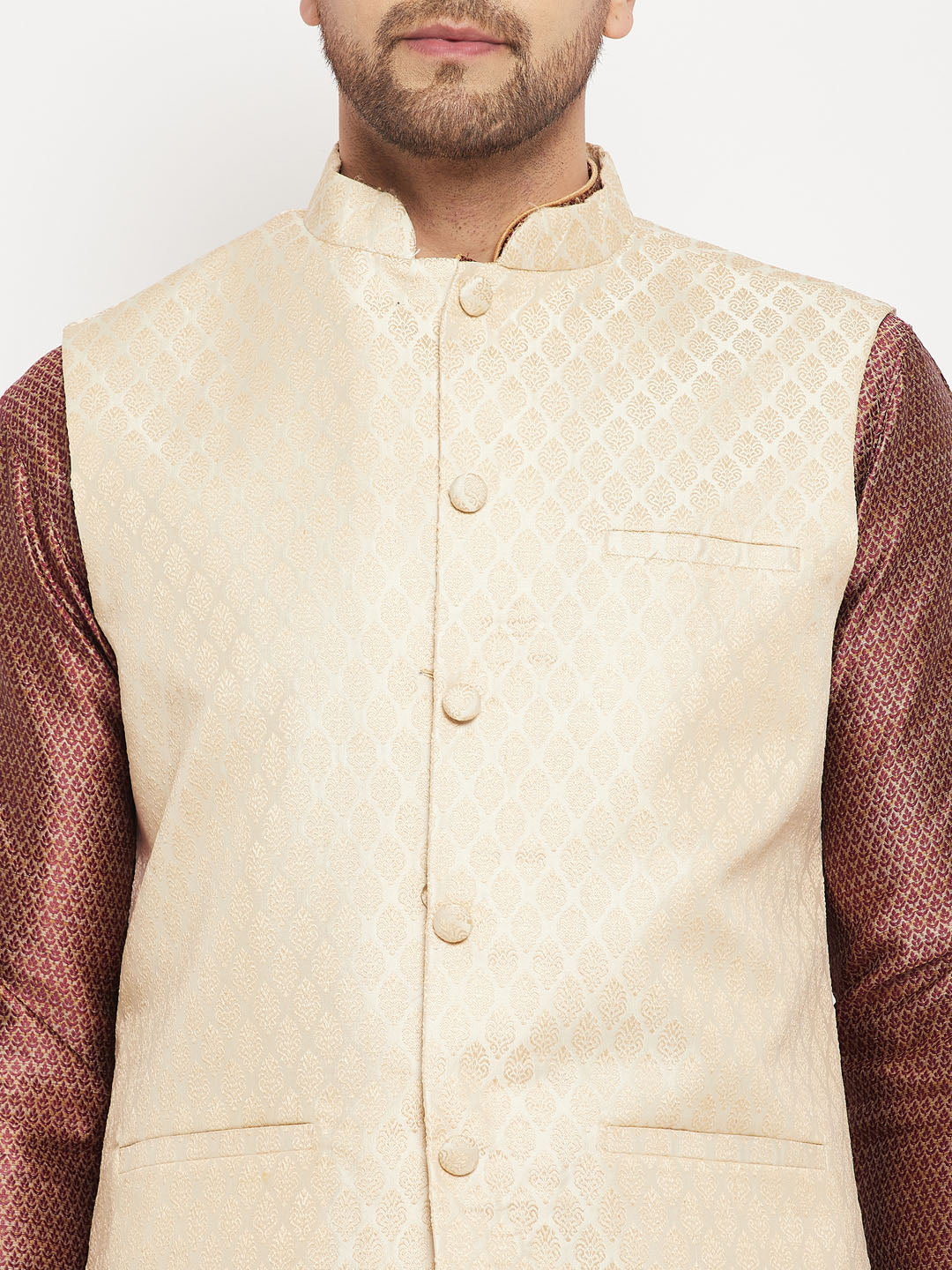 VM by Vastramay Men's Cream, Maroon Amd Rose Gold Silk Blend Jacket, Kurta And Pyjama Set - Distacart