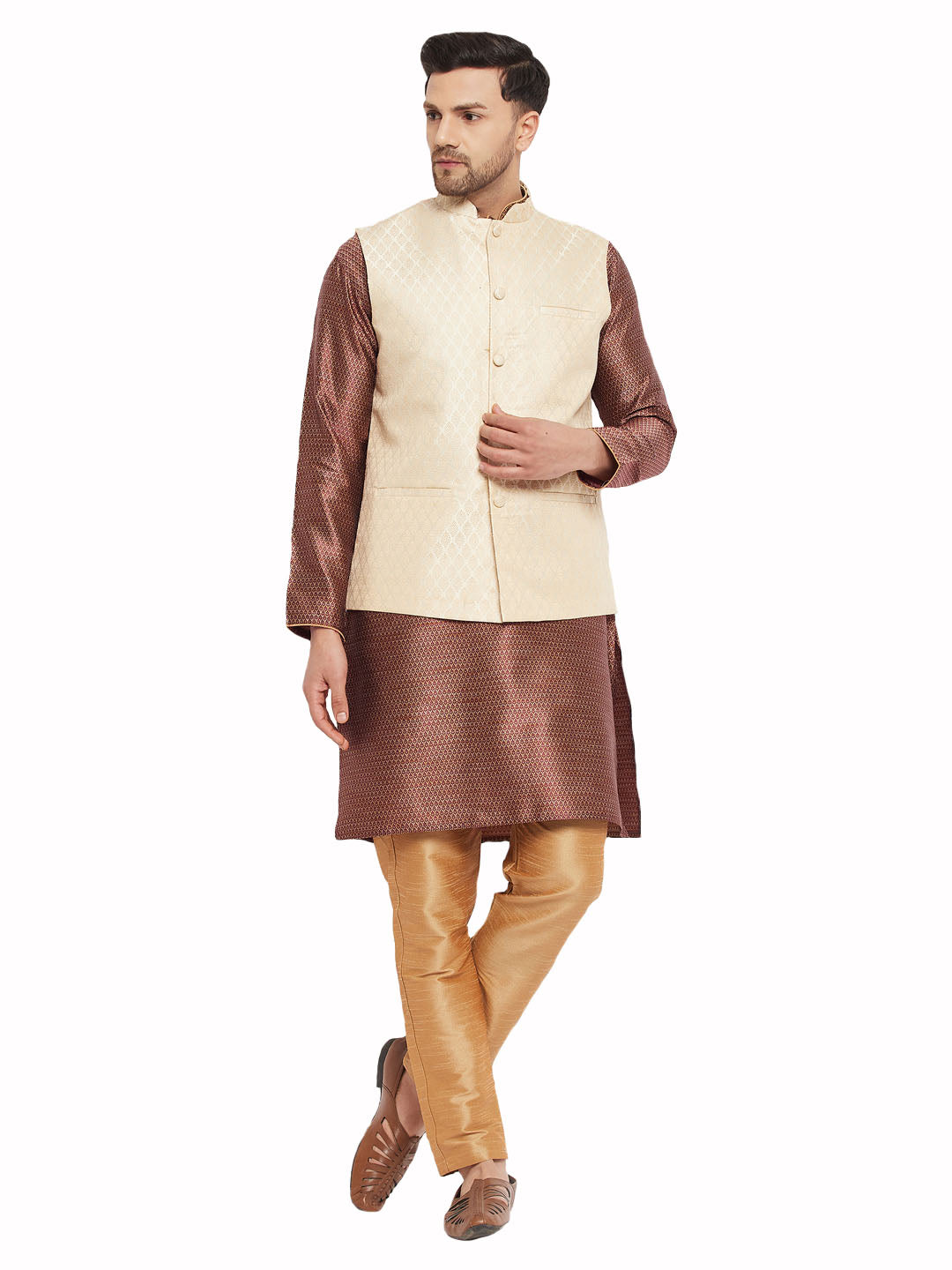 VM by Vastramay Men's Cream, Maroon Amd Rose Gold Silk Blend Jacket, Kurta And Pyjama Set - Distacart