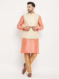 Thumbnail for VM by Vastramay Men's Cream,Pink And Rose Gold Silk Blend Jacket, Kurta And Pyjama Set - Distacart