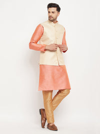 Thumbnail for VM by Vastramay Men's Cream,Pink And Rose Gold Silk Blend Jacket, Kurta And Pyjama Set - Distacart