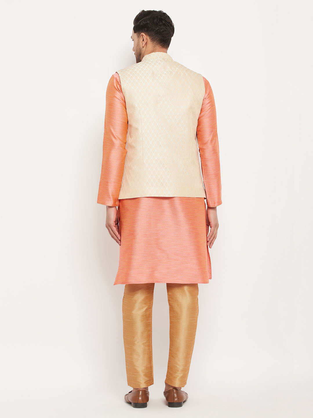 VM by Vastramay Men's Cream,Pink And Rose Gold Silk Blend Jacket, Kurta And Pyjama Set - Distacart