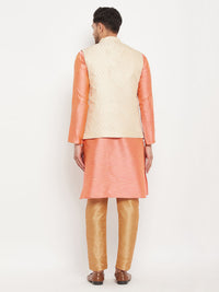 Thumbnail for VM by Vastramay Men's Cream,Pink And Rose Gold Silk Blend Jacket, Kurta And Pyjama Set - Distacart