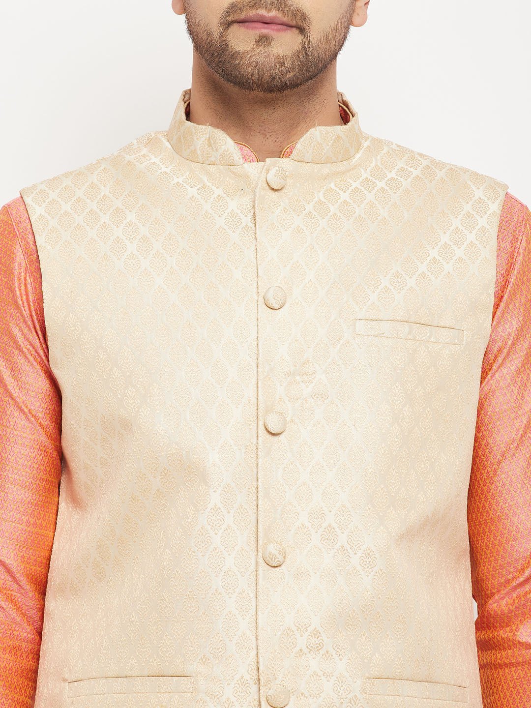 VM by Vastramay Men's Cream,Pink And Rose Gold Silk Blend Jacket, Kurta And Pyjama Set - Distacart