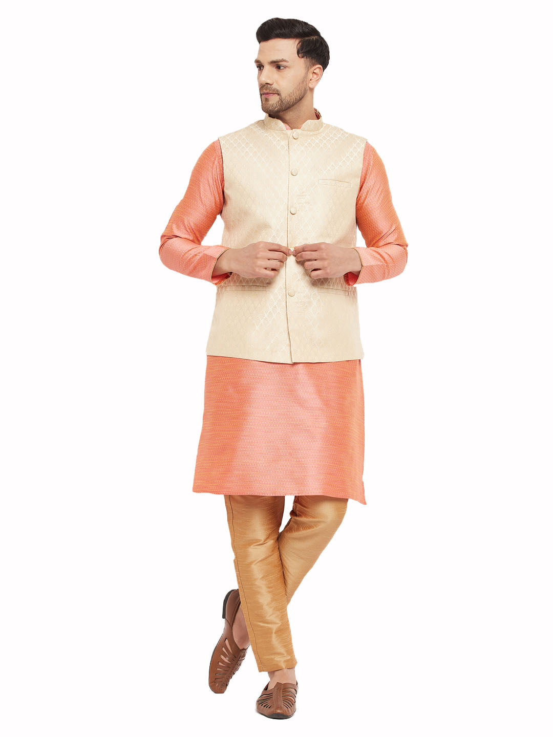 VM by Vastramay Men's Cream,Pink And Rose Gold Silk Blend Jacket, Kurta And Pyjama Set - Distacart