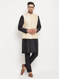 Thumbnail for VM by Vastramay Men's Cream And Black Silk Blend Jacket, Kurta And Pyjama Set - Distacart