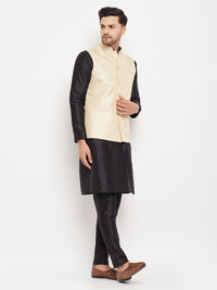 Thumbnail for VM by Vastramay Men's Cream And Black Silk Blend Jacket, Kurta And Pyjama Set - Distacart