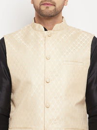 Thumbnail for VM by Vastramay Men's Cream And Black Silk Blend Jacket, Kurta And Pyjama Set - Distacart