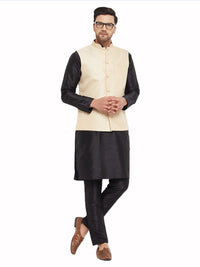Thumbnail for VM by Vastramay Men's Cream And Black Silk Blend Jacket, Kurta And Pyjama Set - Distacart