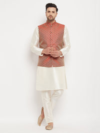 Thumbnail for VM by Vastramay Men's Cream And Maroon Silk Blend Jacket, Kurta And Pyjama Set - Distacart