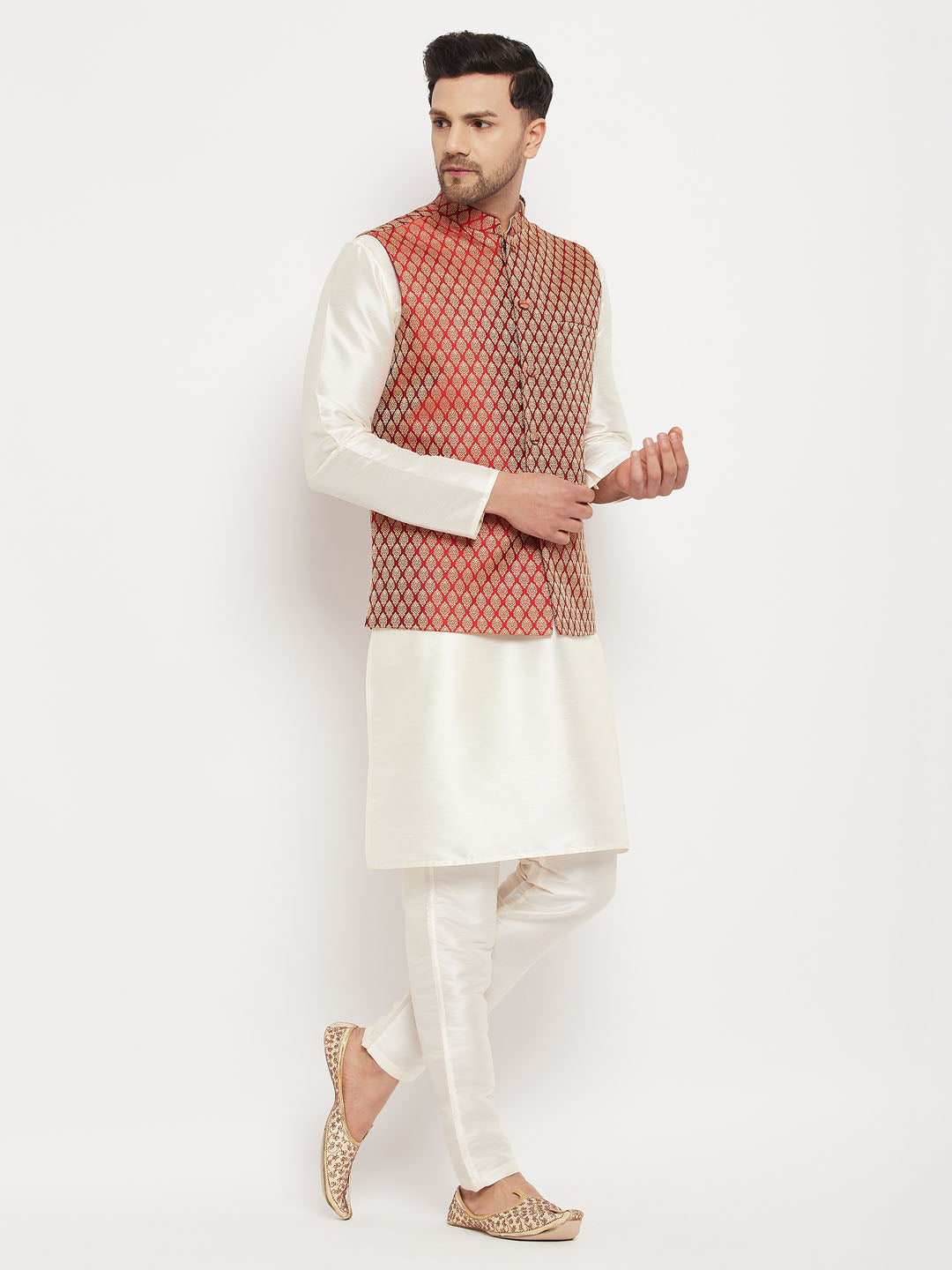 VM by Vastramay Men's Cream And Maroon Silk Blend Jacket, Kurta And Pyjama Set - Distacart