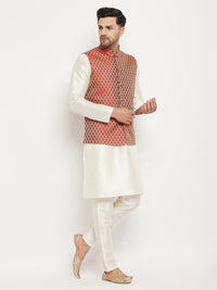 Thumbnail for VM by Vastramay Men's Cream And Maroon Silk Blend Jacket, Kurta And Pyjama Set - Distacart