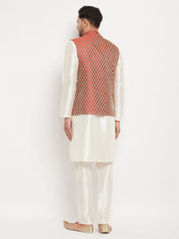 Thumbnail for VM by Vastramay Men's Cream And Maroon Silk Blend Jacket, Kurta And Pyjama Set - Distacart